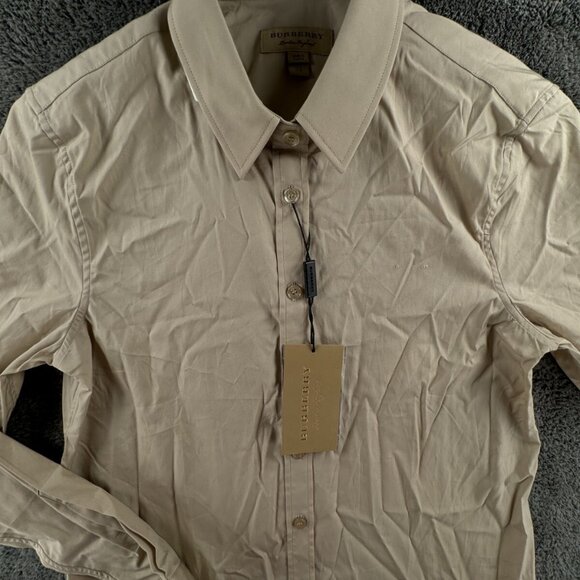 NWT Burberry London Women US 6 (40) Button Up Shirt Beige Cotton Stretch Ladies - Picture 1 of 16